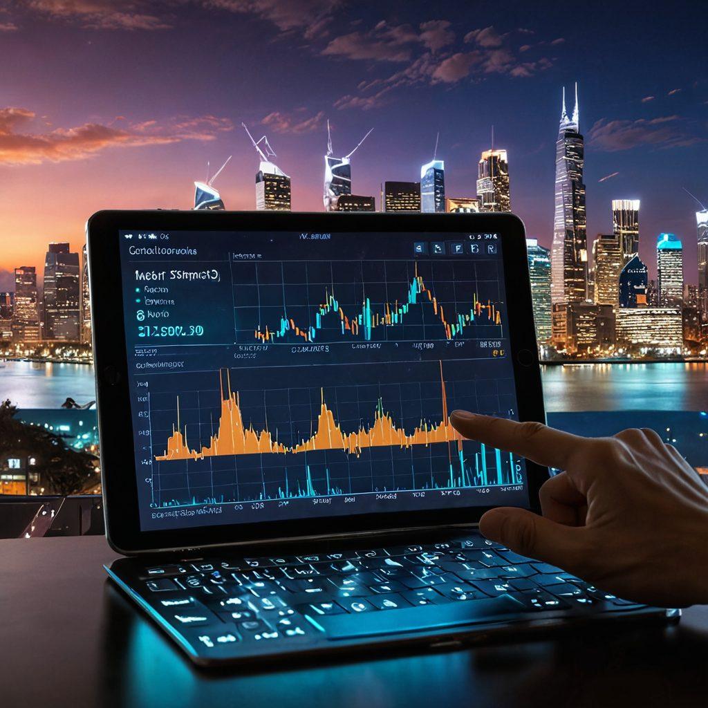 A dynamic graph showcasing soaring and plummeting cryptocurrency values, intertwined with coins like Bitcoin and Ethereum, layered over a backdrop of a bustling city skyline at dusk. Include a confident investor examining the trends on a digital tablet, surrounded by holographic financial data projections. The scene evokes a sense of innovation and risk-taking in a vibrant, modern atmosphere. super-realistic. vibrant colors. 3D.