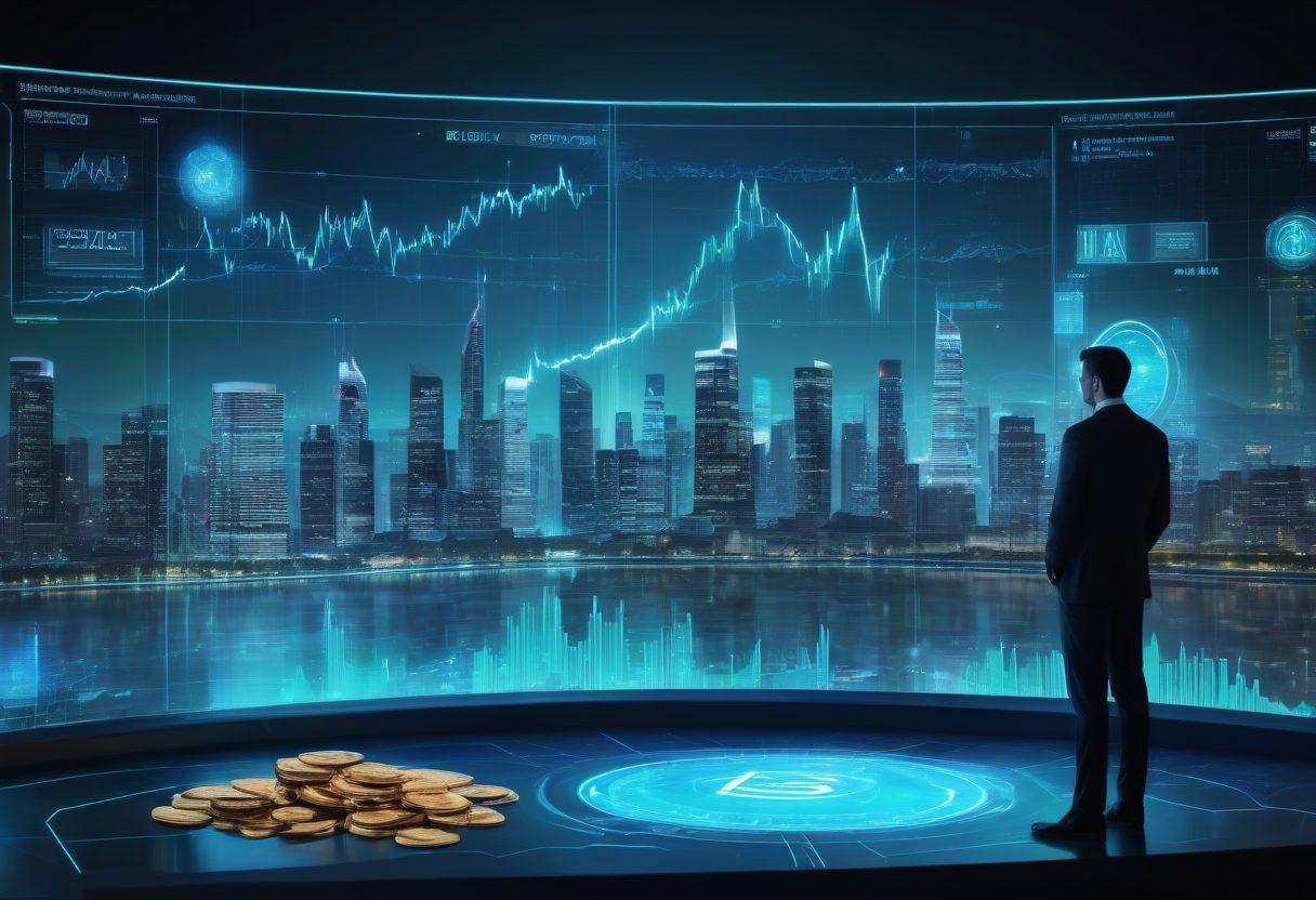 A futuristic financial landscape featuring digital coins labeled 'Trajancoins' and 'Altcoins' orbiting around a glowing, high-tech city skyline. Show dynamic charts and graphs in the background indicating growth and returns, with a confident figure examining them on a holographic screen. Incorporate vibrant shades of blue and green, symbolizing technology and finance. 3D illustration. vibrant colors.
